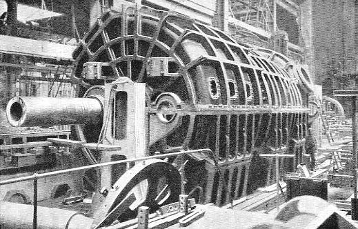 One of the low-pressure turbines of the Carmania, in
casing. Its size will be inferred from comparison with the man standing
near the end of the casing.
