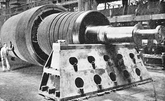 One of the turbine drums of the Carmania. Note the
rows of vanes. The drum is here being tested for perfect balance on two
absolutely level supports.
